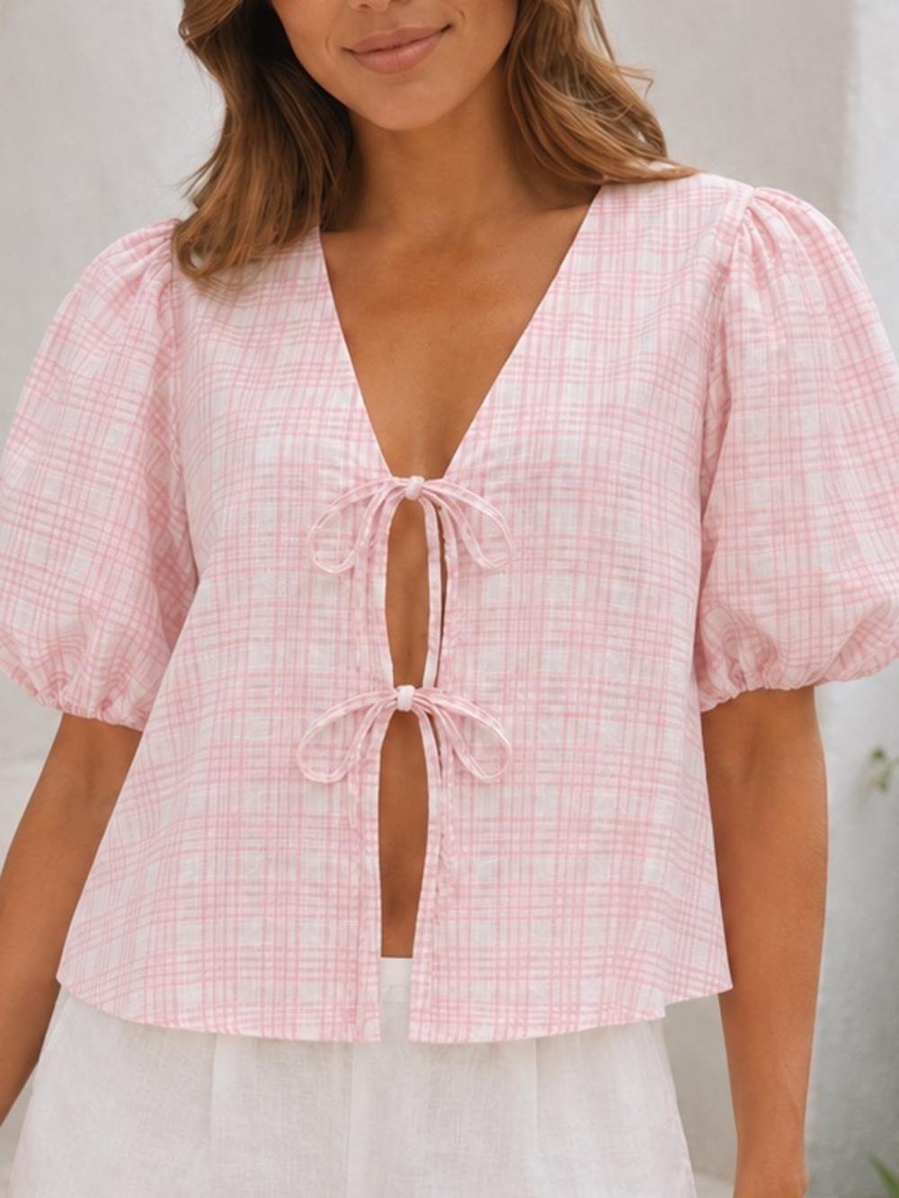 NEW Petal & Pup Hanna Pink Gingham Tie Front Puff Sleeve Crop Top S